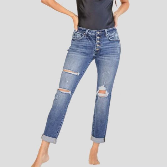 Womens Fashionable Slim-Fit Straight-Leg Ripped Cuffed Denim Jeans