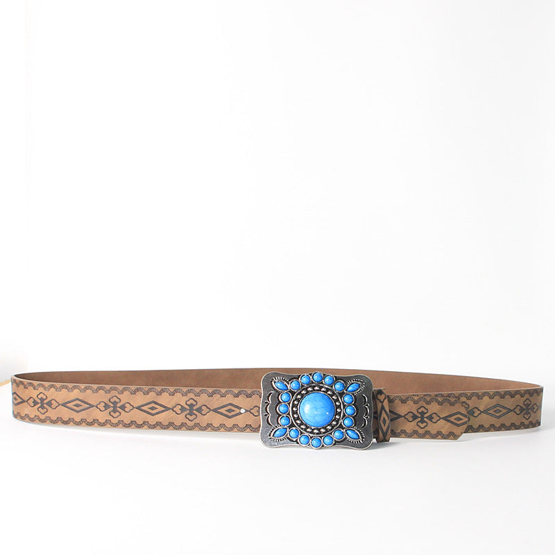 Retro Embossed Antique Silver And Blue Turquoise Alloy Buckle Belt
