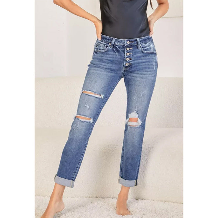 Womens Fashionable Slim-Fit Straight-Leg Ripped Cuffed Denim Jeans