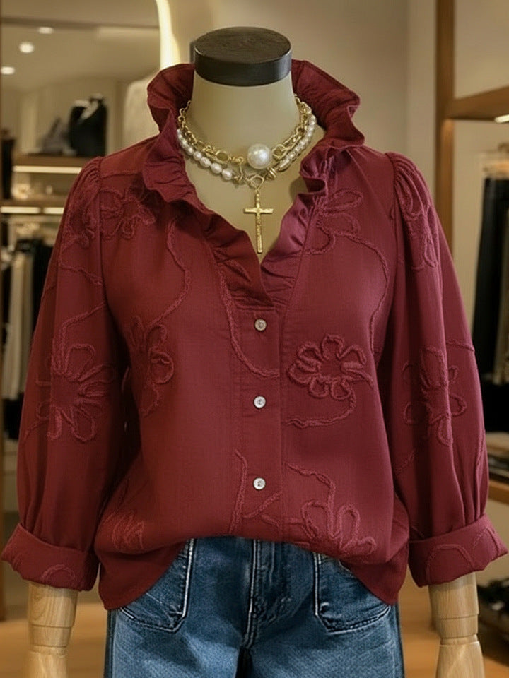 Lace-embroidered Cotton-linen Sweet Blouse