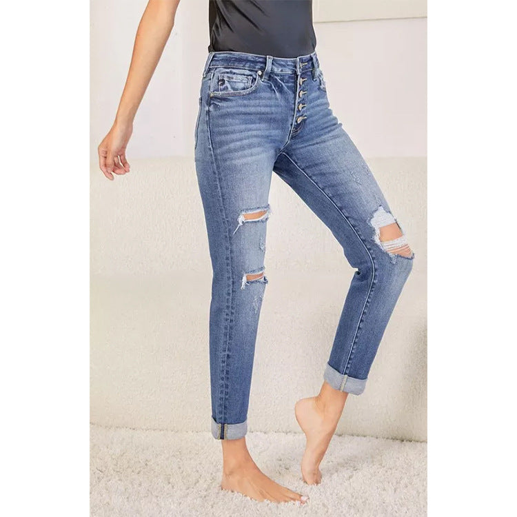 Womens Fashionable Slim-Fit Straight-Leg Ripped Cuffed Denim Jeans