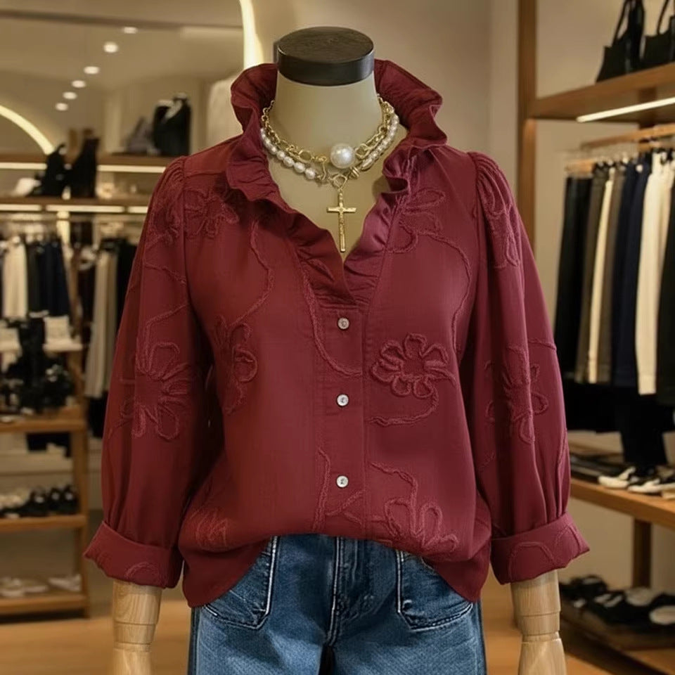 Lace-embroidered Cotton-linen Sweet Blouse