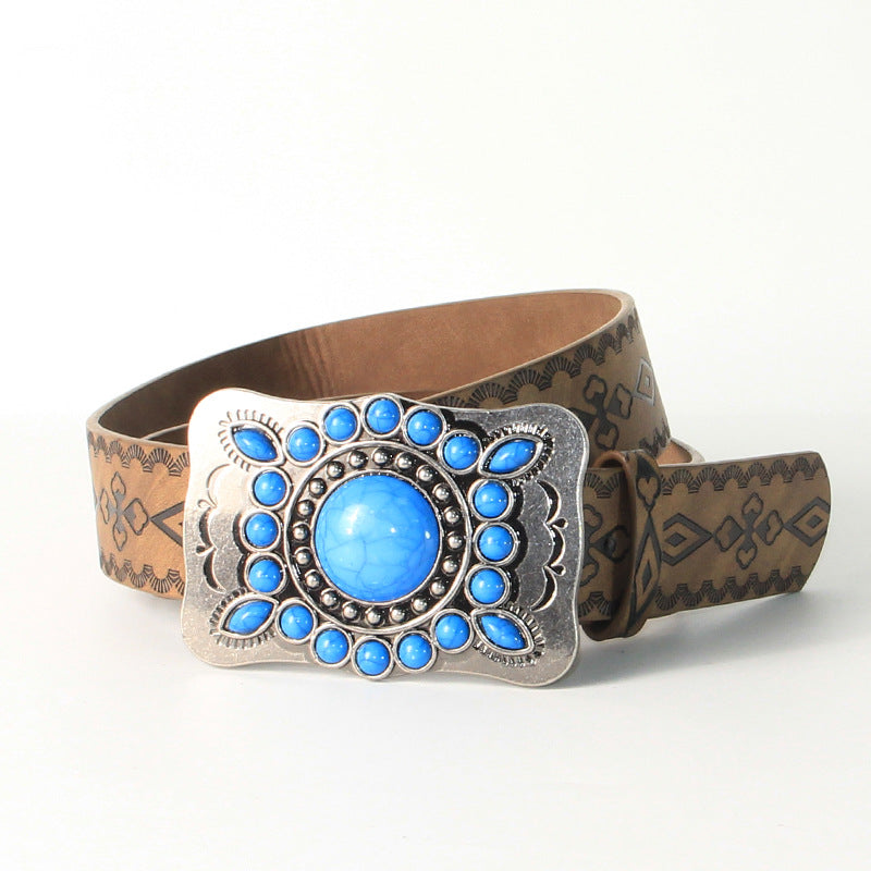 Retro Embossed Antique Silver And Blue Turquoise Alloy Buckle Belt