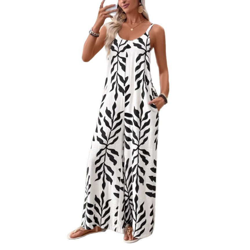 Womens Casual & Elegant V-Neck Jumpsuit With Tropical Leaf Print And Pockets For Women