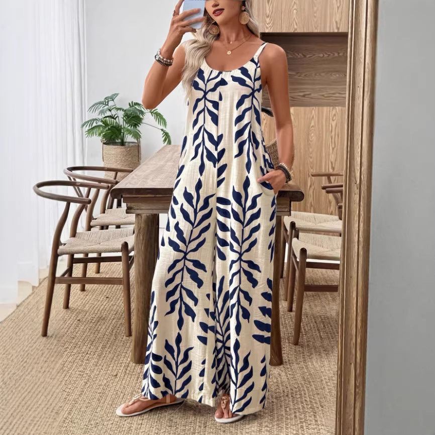 Womens Casual & Elegant V-Neck Jumpsuit With Tropical Leaf Print And Pockets For Women