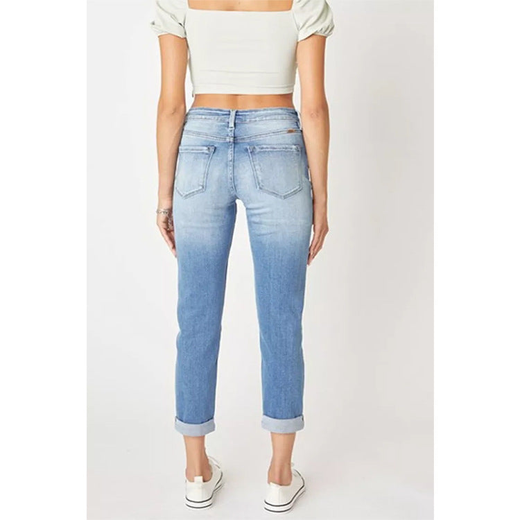 Womens Fashionable Slim-Fit Straight-Leg Ripped Cuffed Denim Jeans