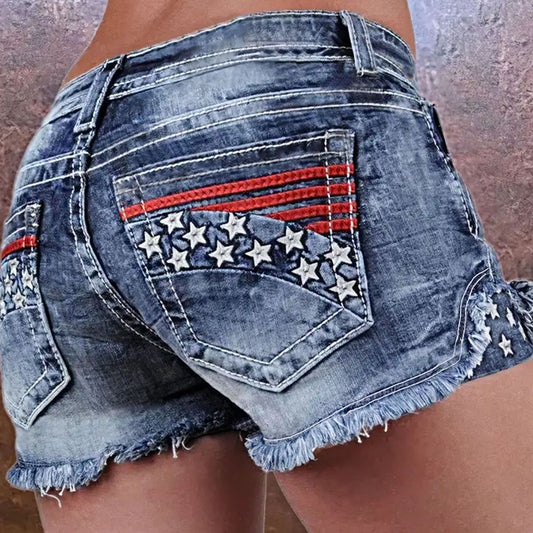 Stretchy Patchwork Embroidered Ripped Denim Shorts