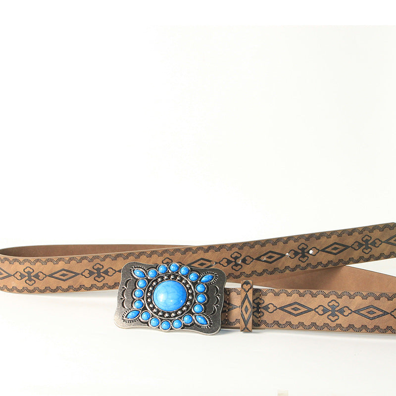 Retro Embossed Antique Silver And Blue Turquoise Alloy Buckle Belt