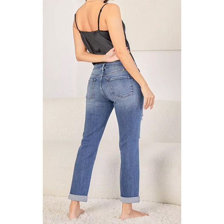 Womens Fashionable Slim-Fit Straight-Leg Ripped Cuffed Denim Jeans